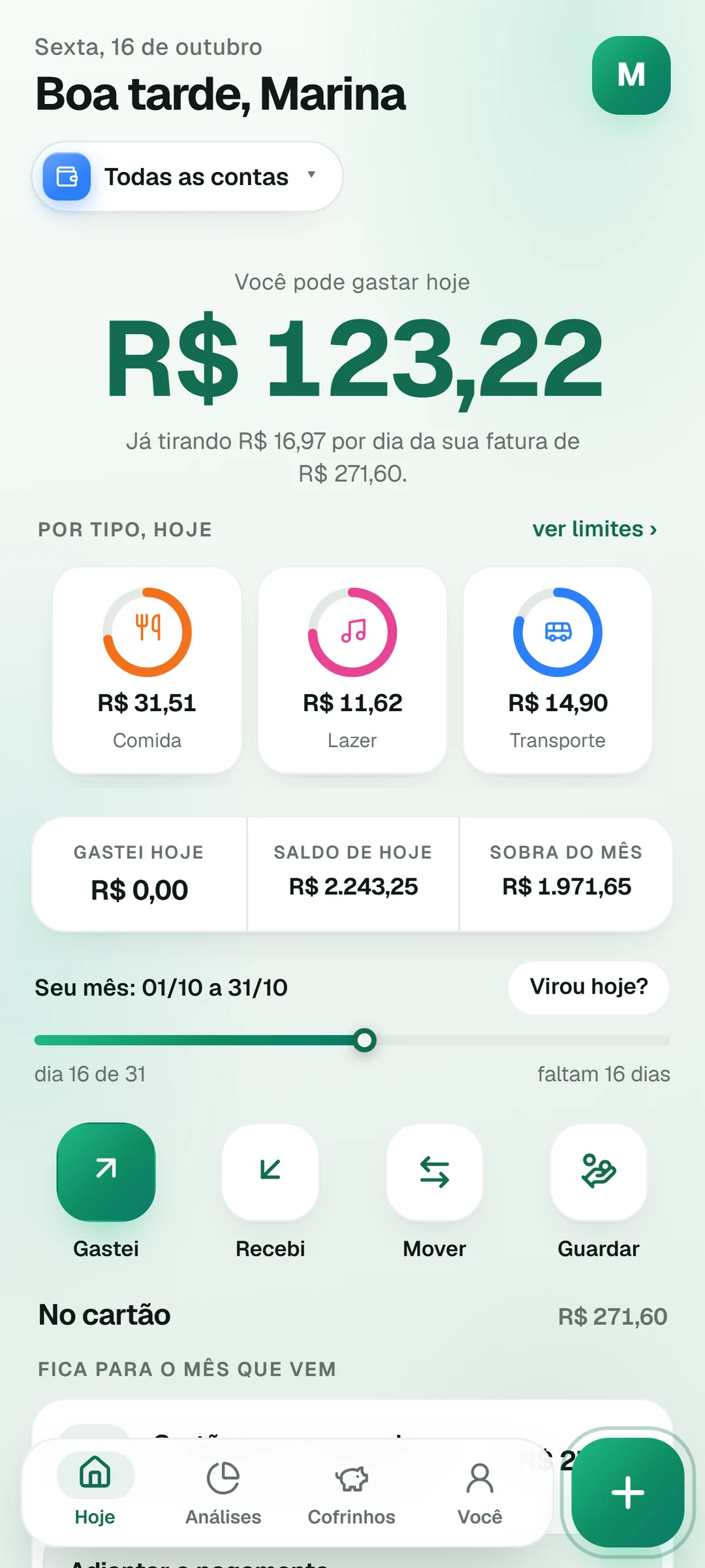 A tela de Hoje da Caderneta no tema claro