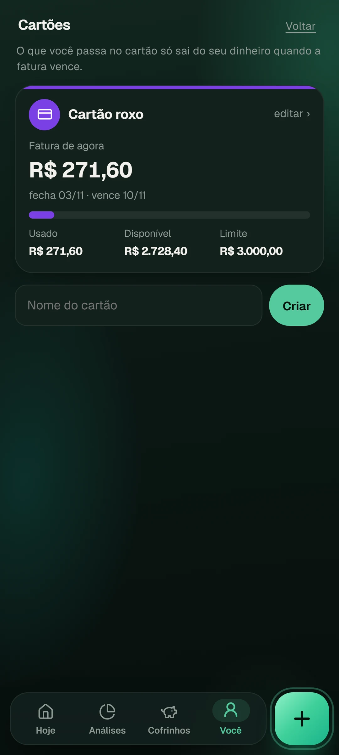 O cartão aberto: fatura, usado e disponível