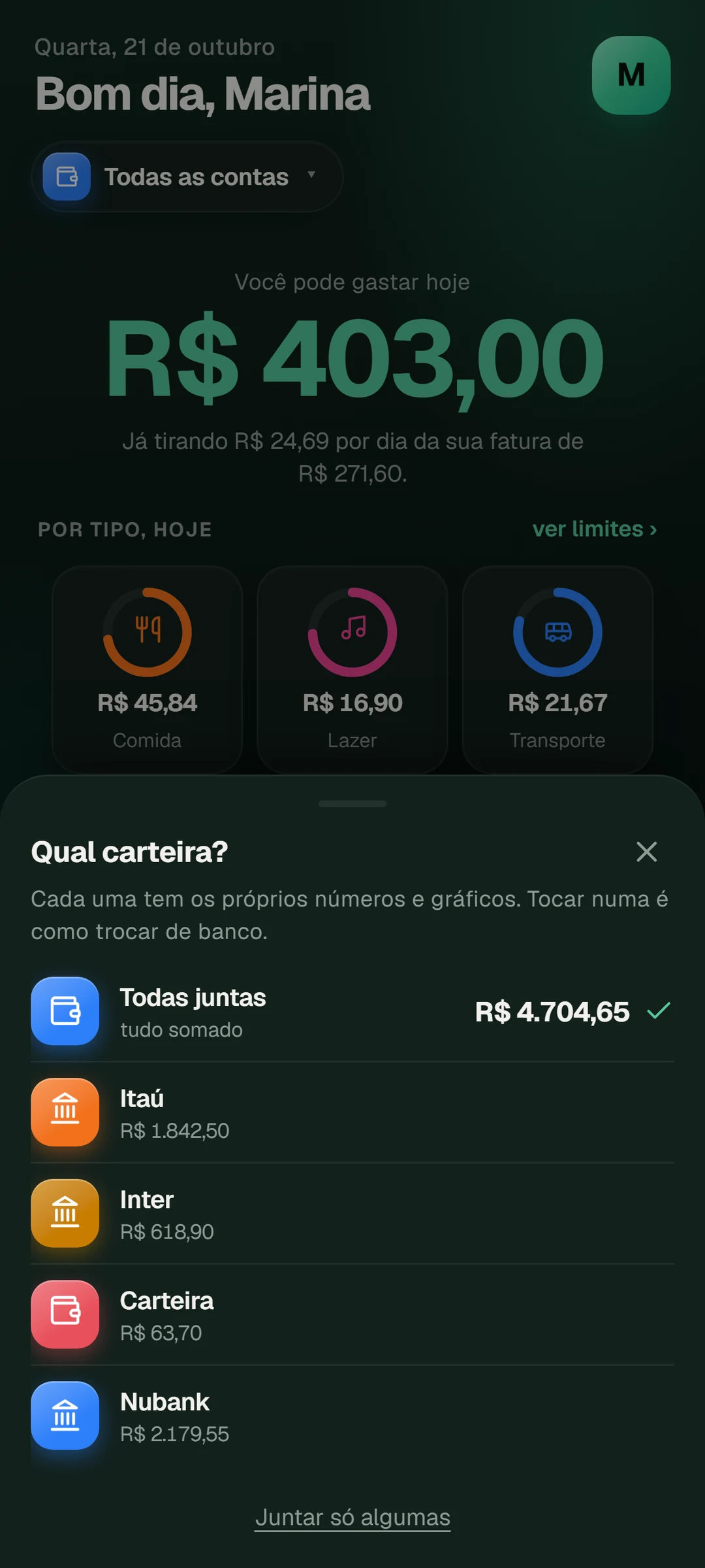 As contas: todas juntas ou uma por vez, cada uma com o seu saldo