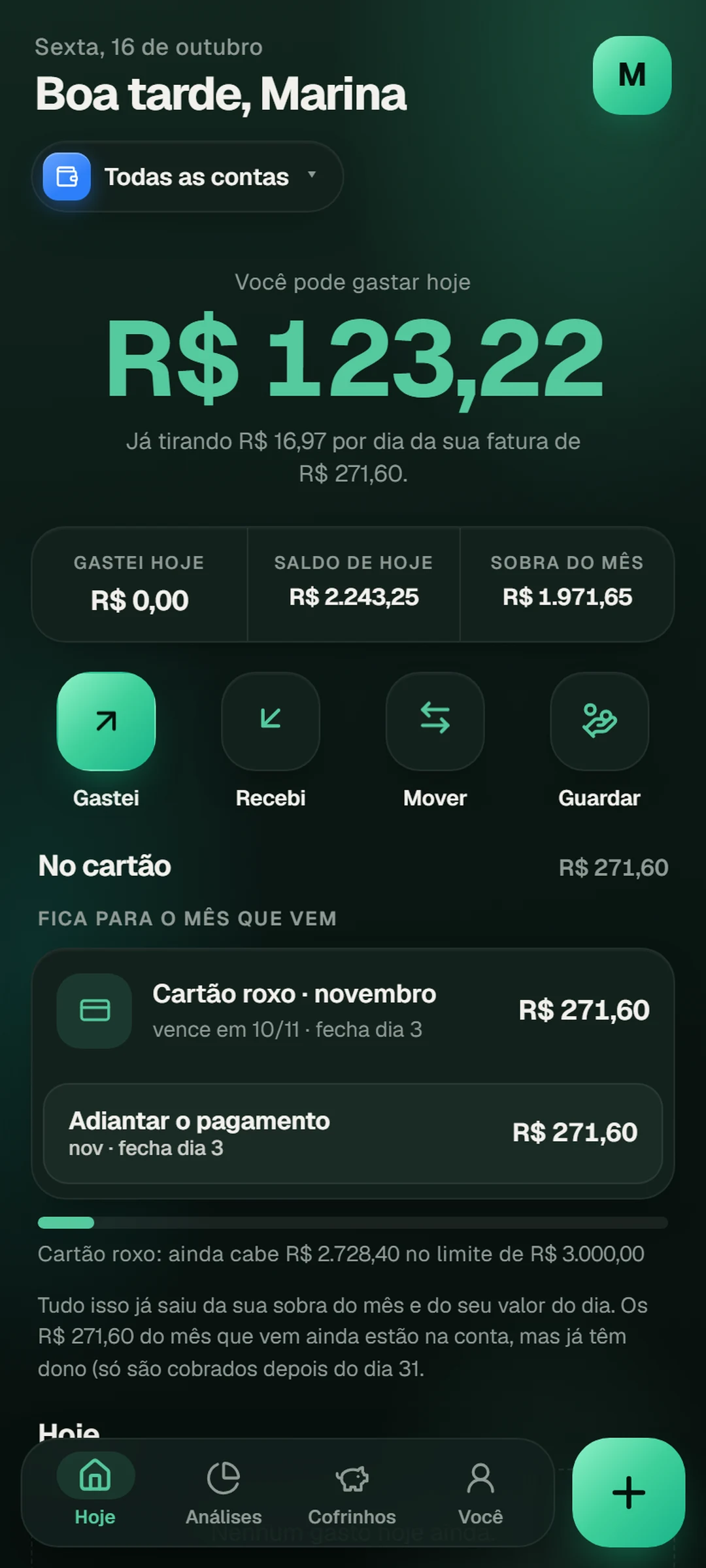A tela de Hoje no nível Equilibrado