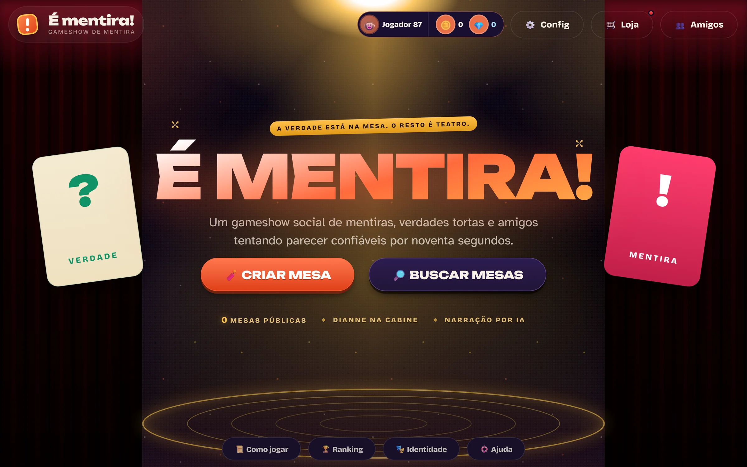 A entrada do É mentira!, com as cartas de verdade e de mentira