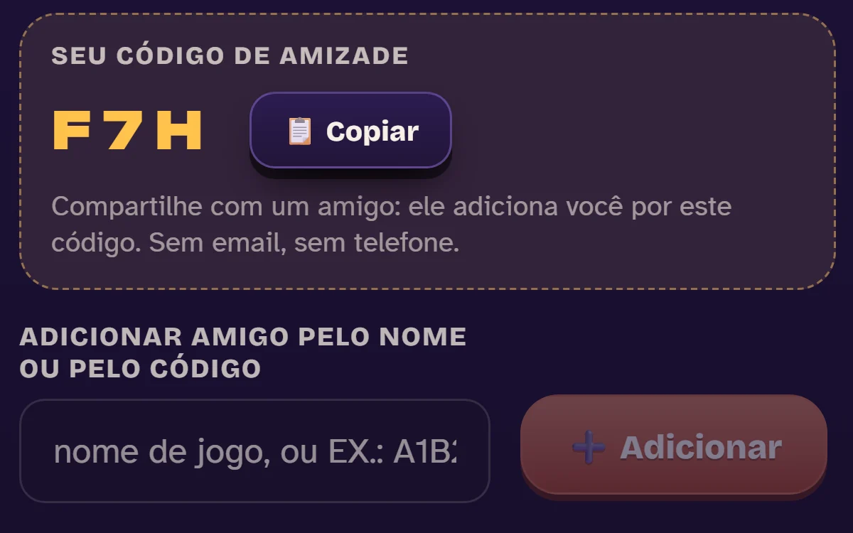O código de amizade e o campo para adicionar um amigo