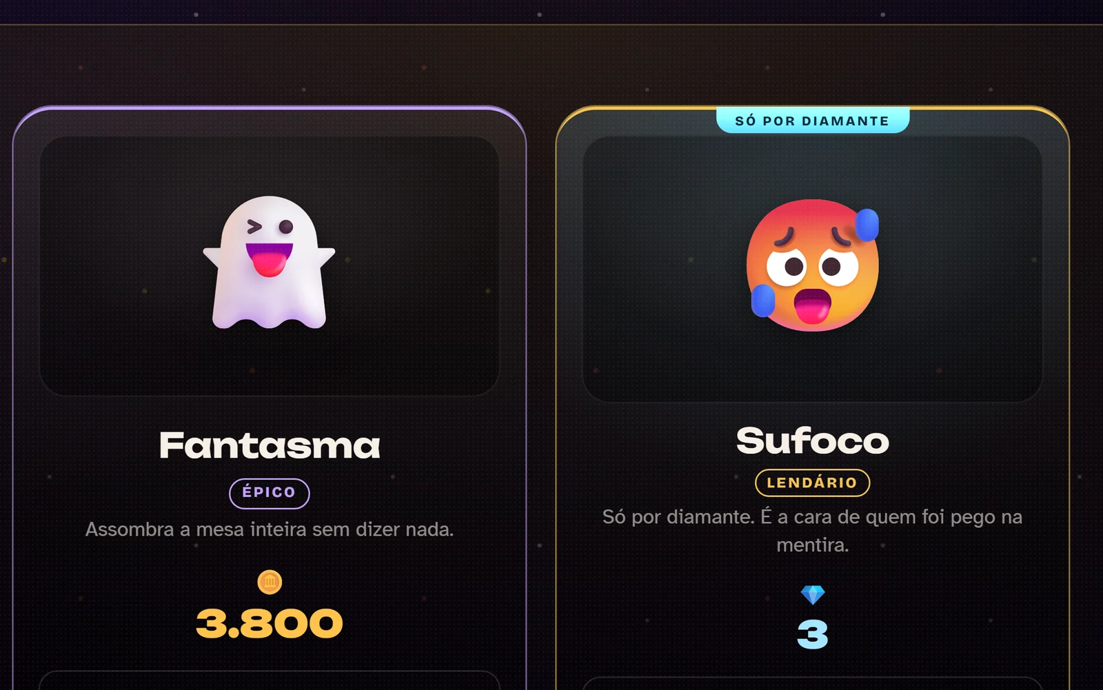 A vitrine da loja, com emojis animados e o preço de cada um